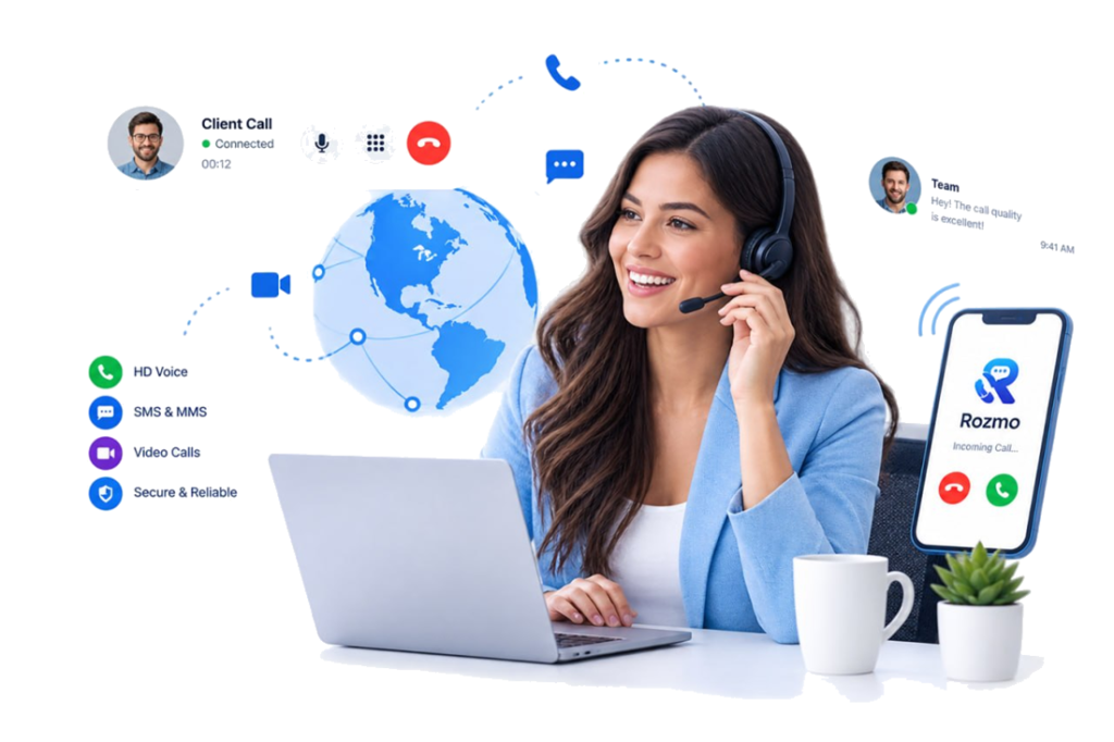 A support agent on a headset, with call, message and mobile app screens around her